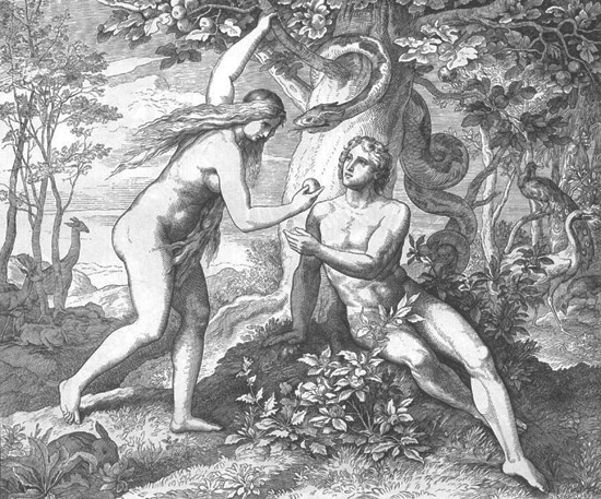 Обольщённые змеем, муж и жена едят запрещённый плод